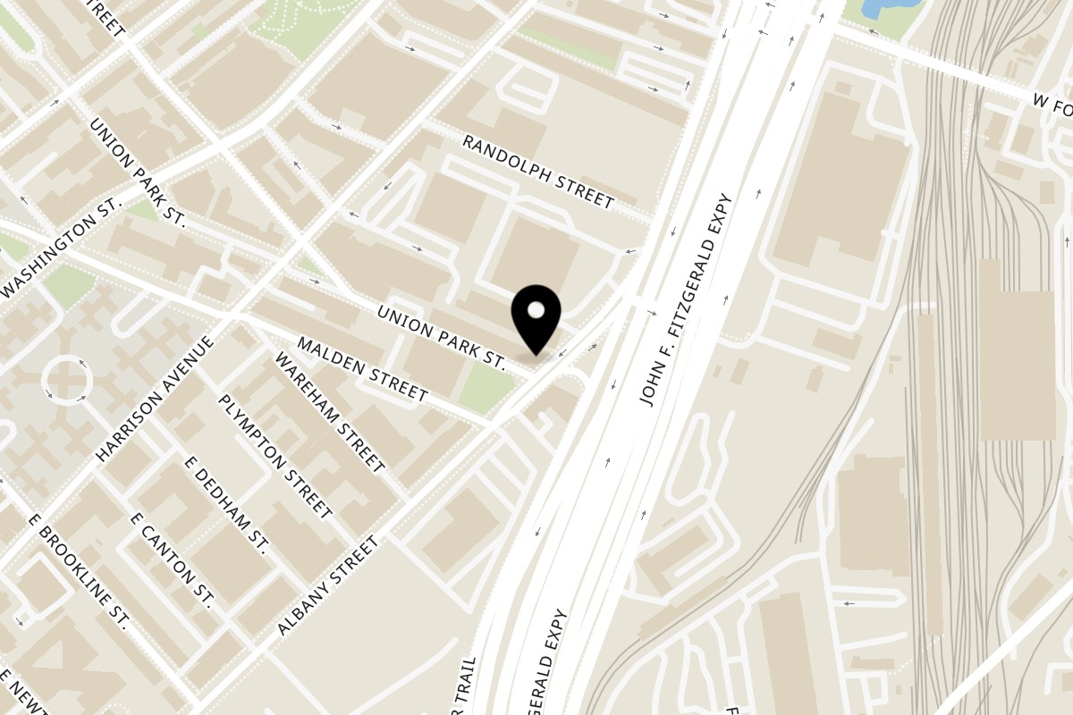 Map showing the location of South End Pita on 473 Albany St in Boston